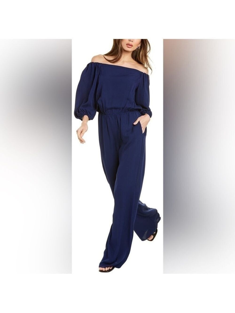 Theory Off Shoulder 100% Silk Navy Jumpsuit Small